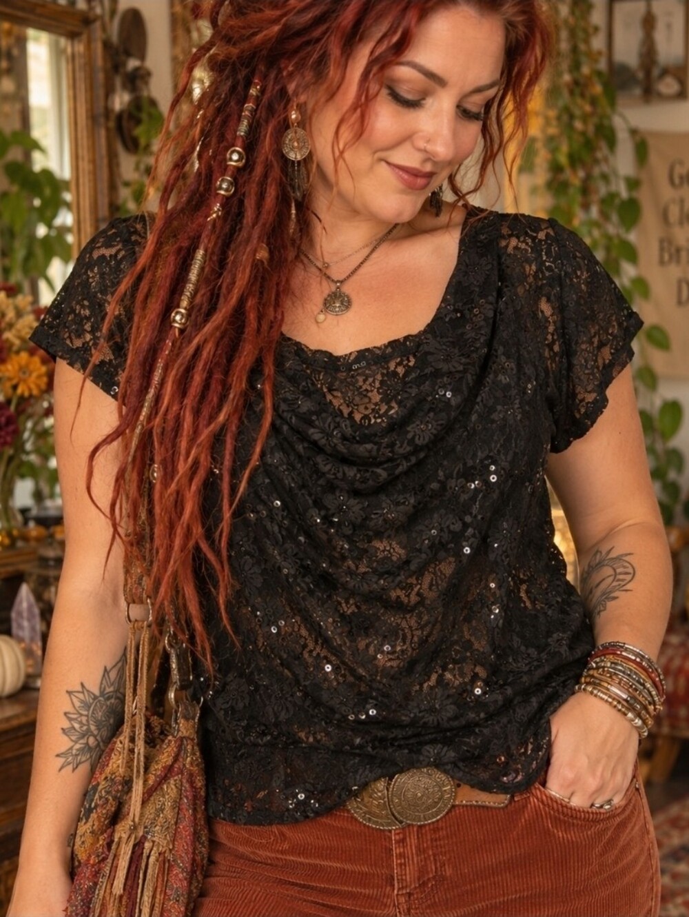4/$15 Heart & Soul Black Lace Sequin Top Y2K 2000s Sheer Floral Goth Size L